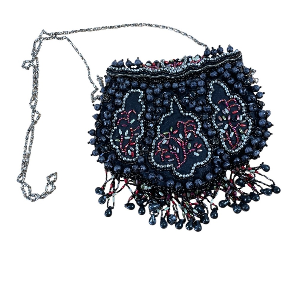 Black & Red Beaded Dressy‎ Purse with Intricate Beaded Embellishments